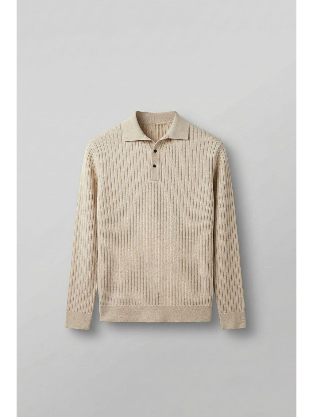 Gri Erkek Slim Fit Polo Yaka Fitilli Örme Triko Kazak Taş Rengi