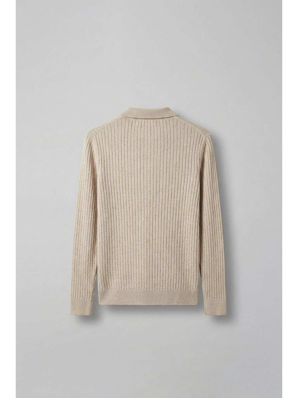 Gri Erkek Slim Fit Polo Yaka Fitilli Örme Triko Kazak Taş Rengi-1