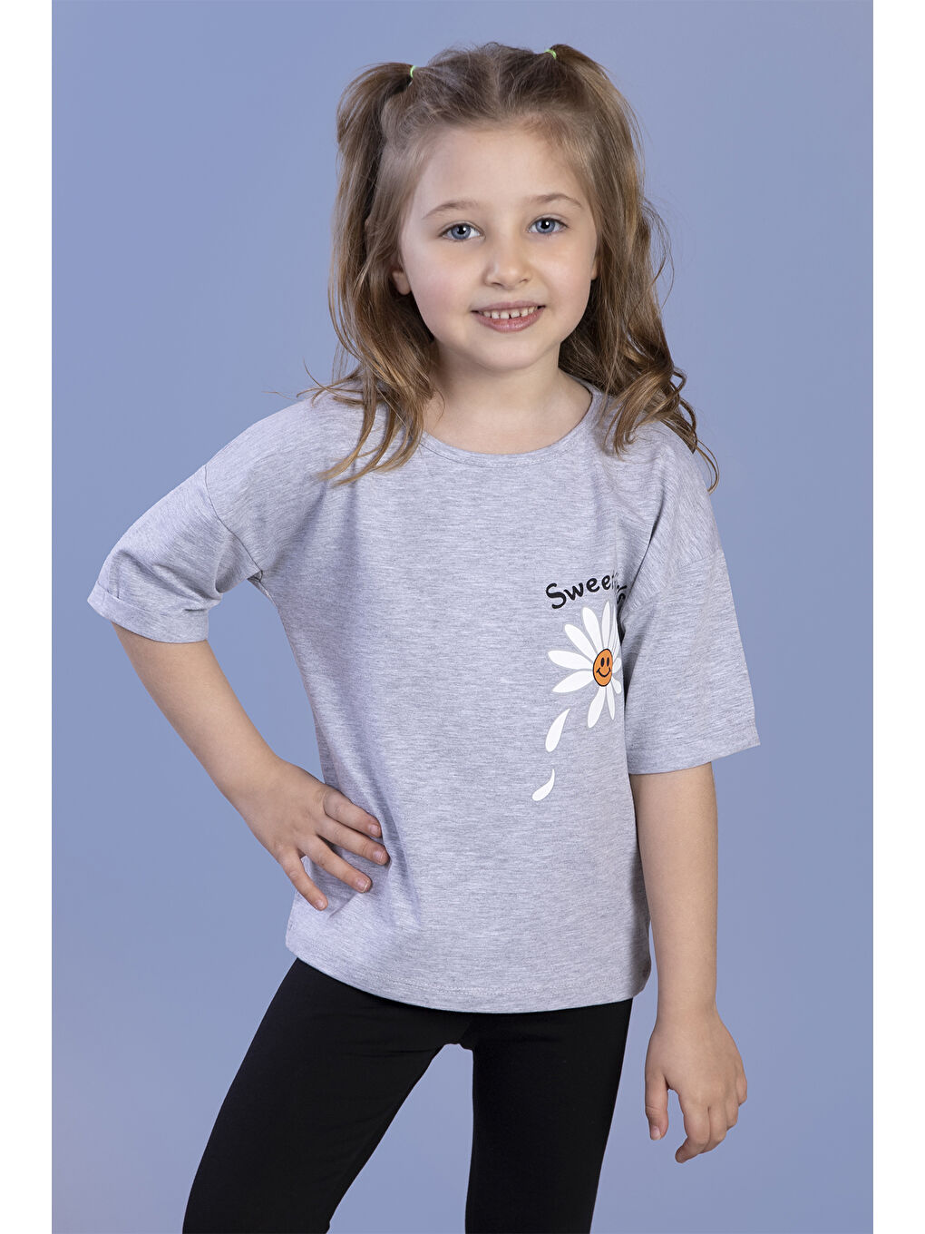 Gri Kız Çocuk Papatya Desenli Sweet Girls Baskılı Tişört