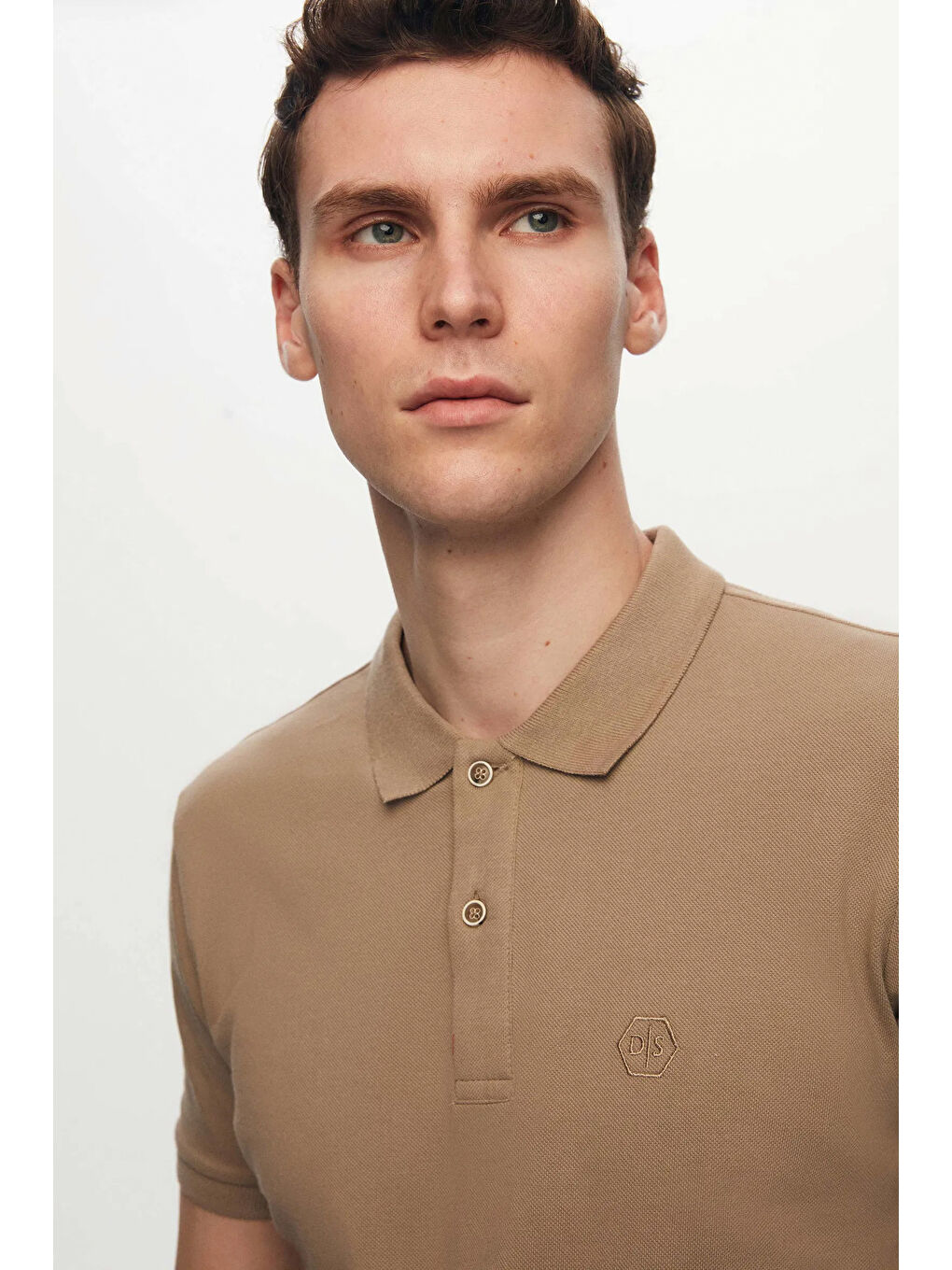 Bej Slim Fit Vizon Kutulu Polo Yaka Tişört-3