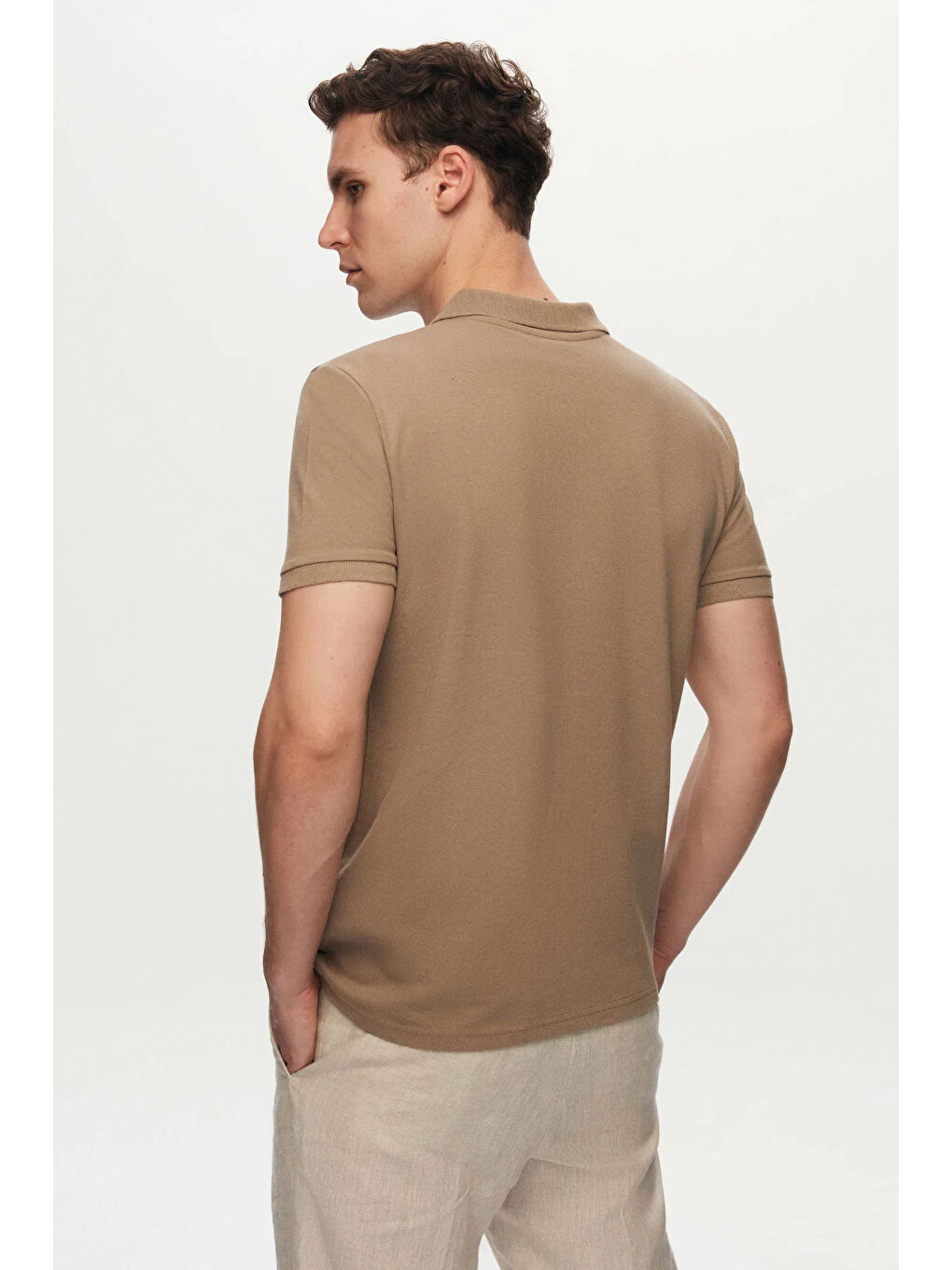 Bej Slim Fit Vizon Kutulu Polo Yaka Tişört-5