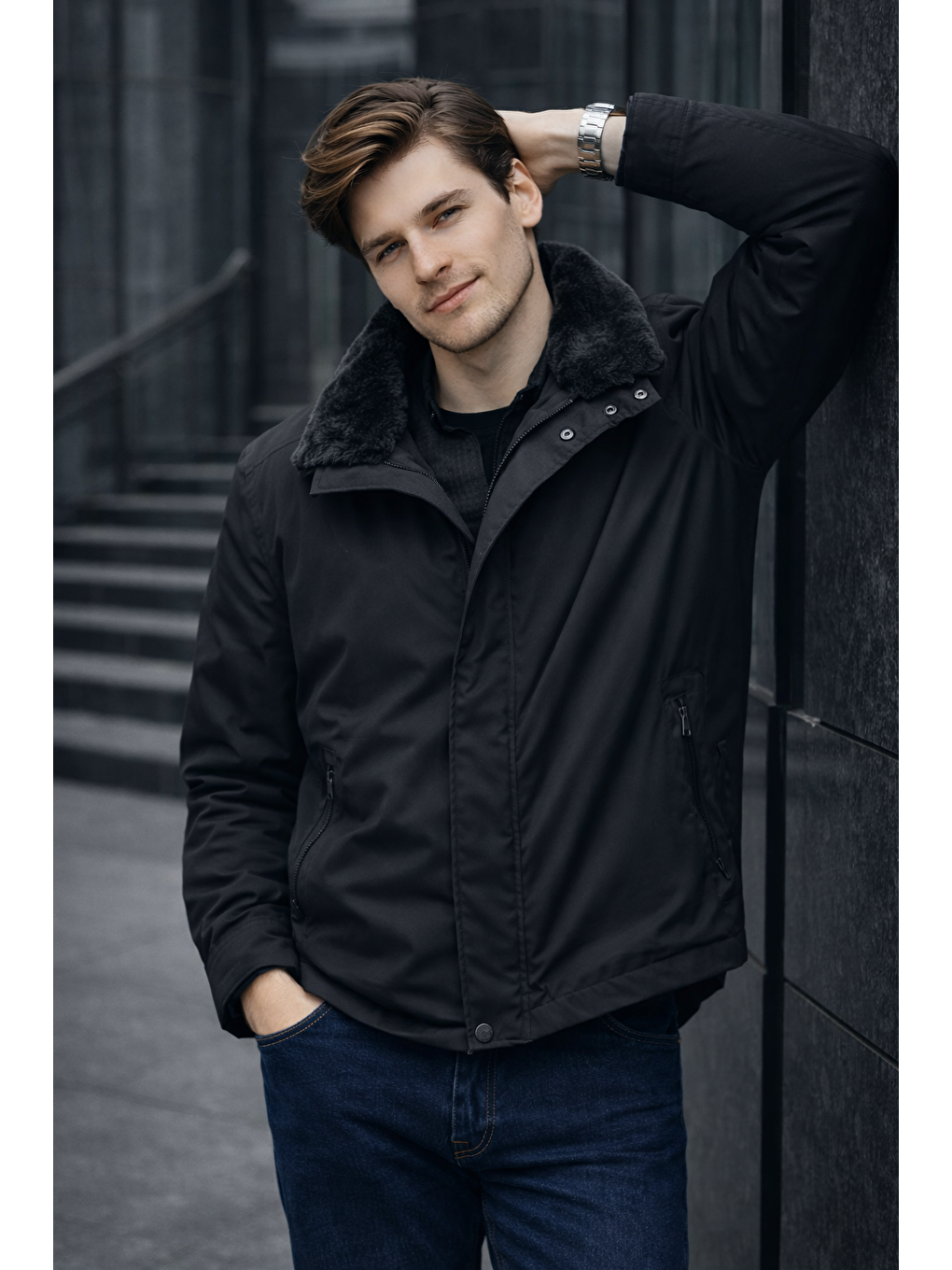 Siyah Dik Yaka Slim Fit Classic Kaban 1008255154-1