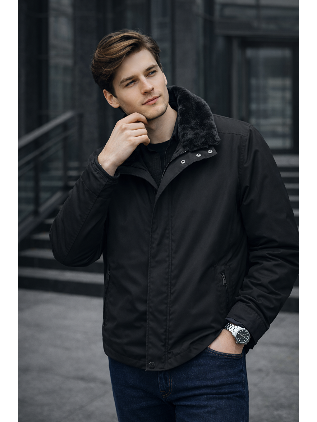 Siyah Dik Yaka Slim Fit Classic Kaban 1008255154-2