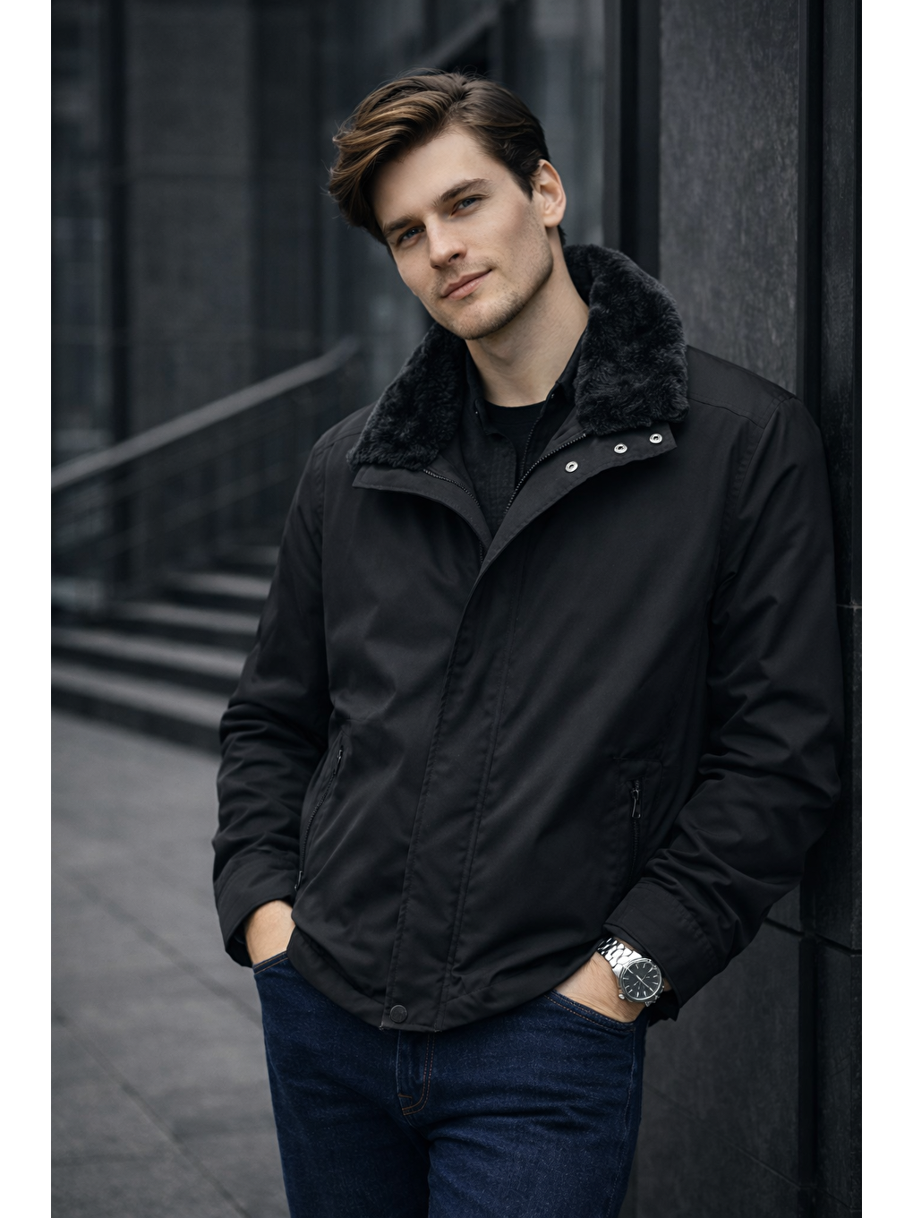 Siyah Dik Yaka Slim Fit Classic Kaban 1008255154-3