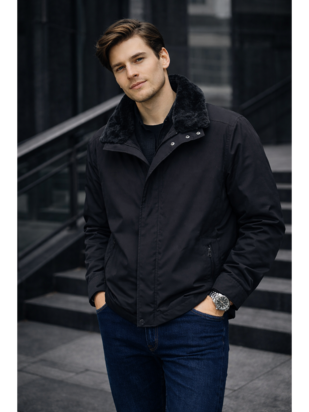 Siyah Dik Yaka Slim Fit Classic Kaban 1008255154-4