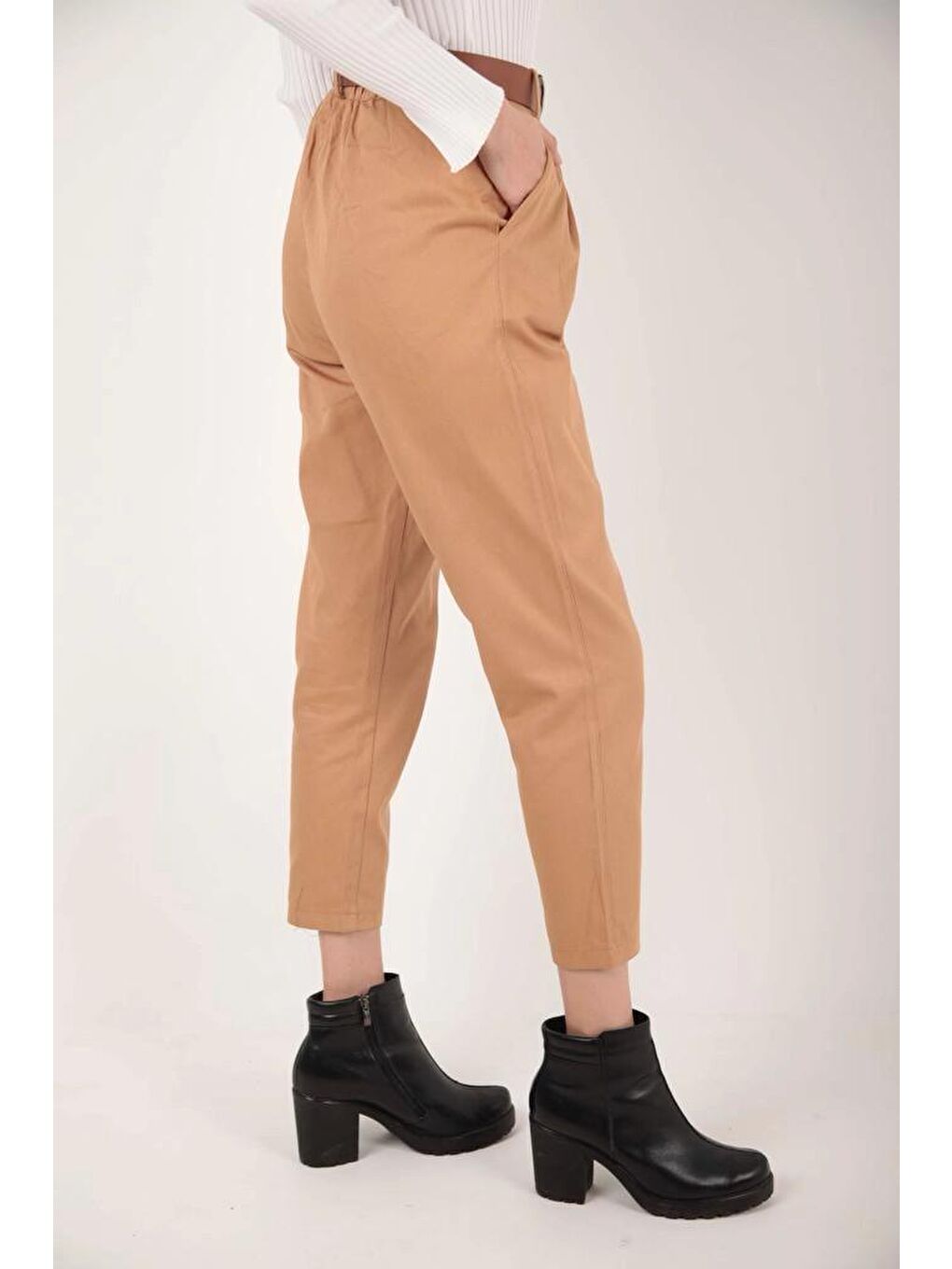 Stil Diva Camel Gabardin Dar Paça Cepli Kemerli Fermuarlı Bilek Boy Pantolon 5040 - 2