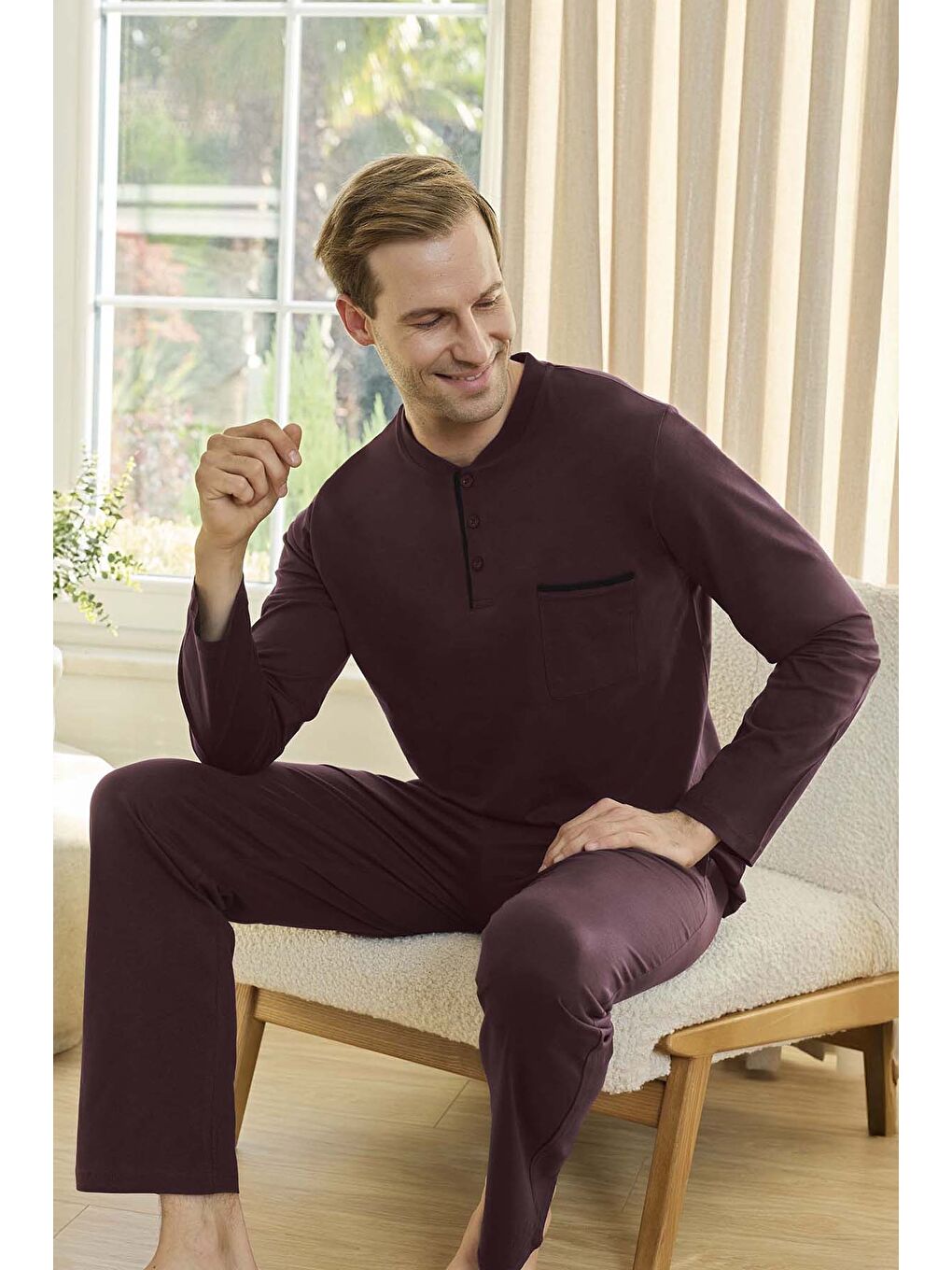 Erkek Suprem Uzun Kol Pijama Takımı 250729 Bordo02