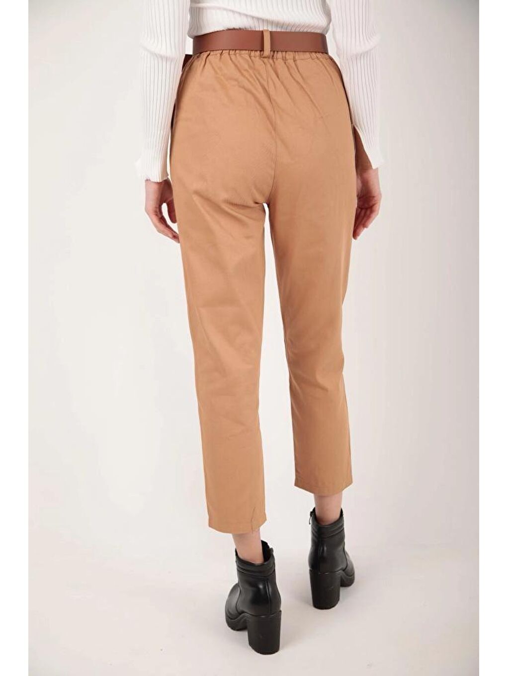 Stil Diva Camel Gabardin Dar Paça Cepli Kemerli Fermuarlı Bilek Boy Pantolon 5040 - 3