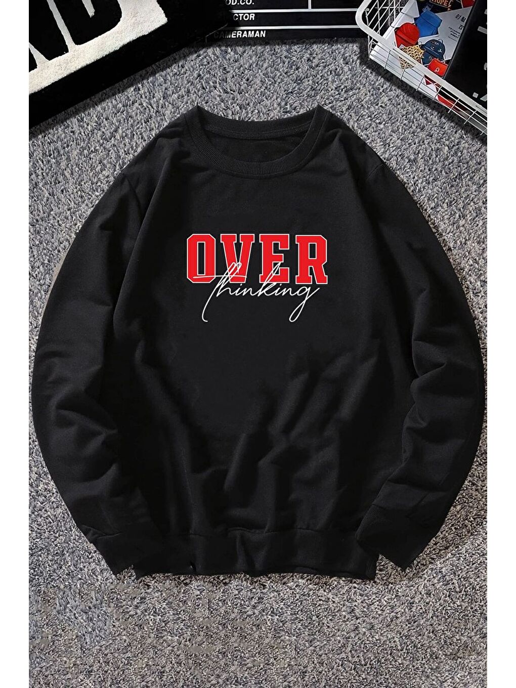 uyguntarz Siyah Unisex Over Thinking Baskılı Bisiklet Yaka Sweatshirt