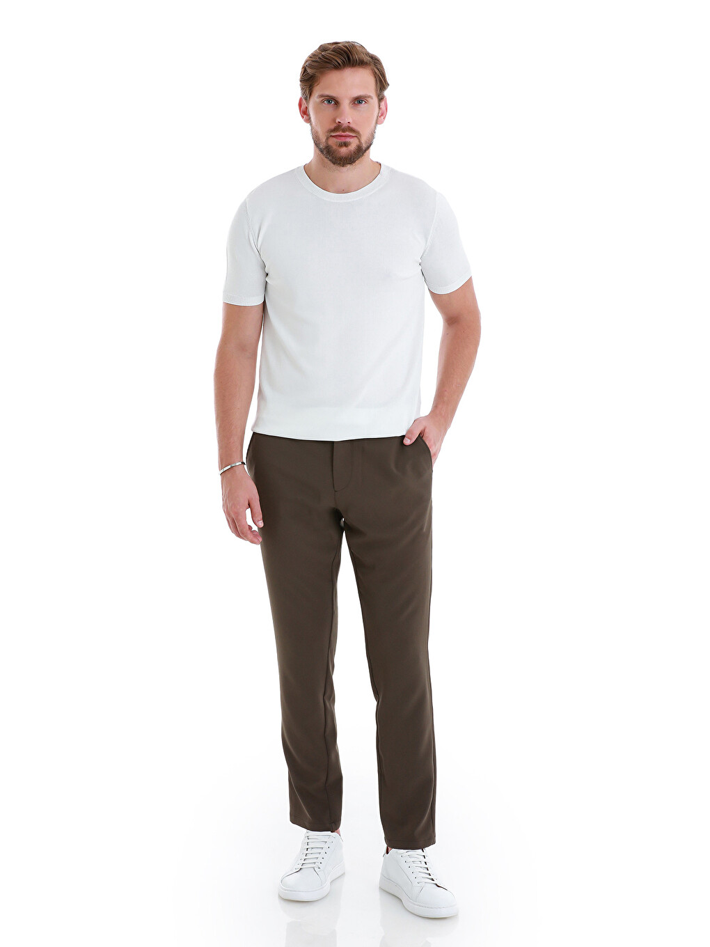 Beyaz Regular Fit Düz Bisiklet Yaka Rayon Triko Tişört-1