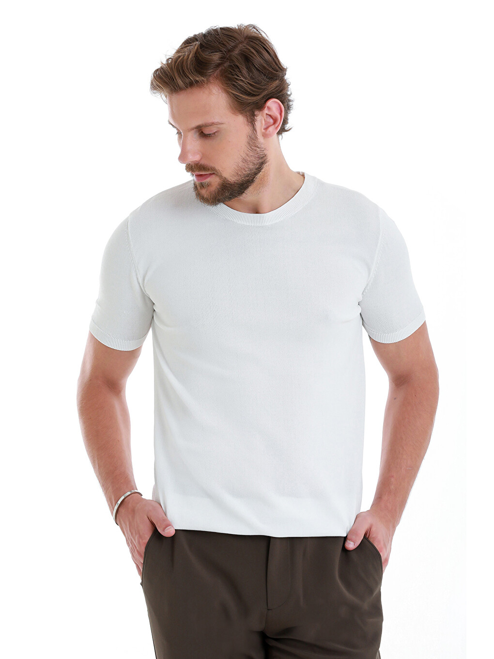 Beyaz Regular Fit Düz Bisiklet Yaka Rayon Triko Tişört-2
