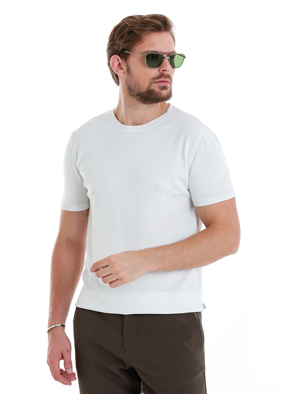 Beyaz Regular Fit Düz Bisiklet Yaka Rayon Triko Tişört-3