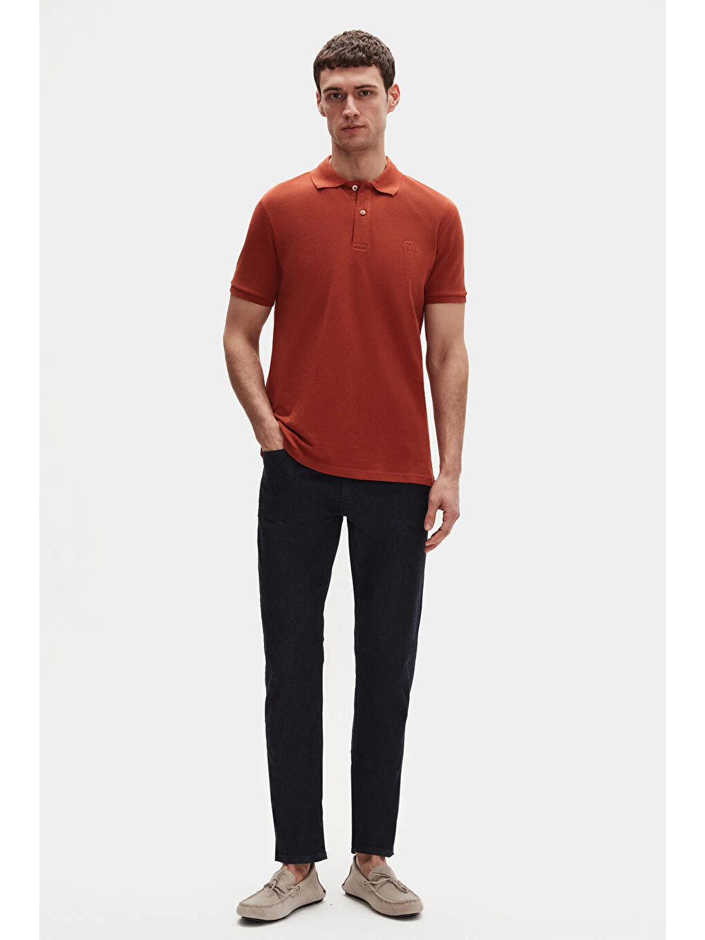 Kahverengi Slim Fit Kiremit Kutulu Polo Yaka Tişört-5