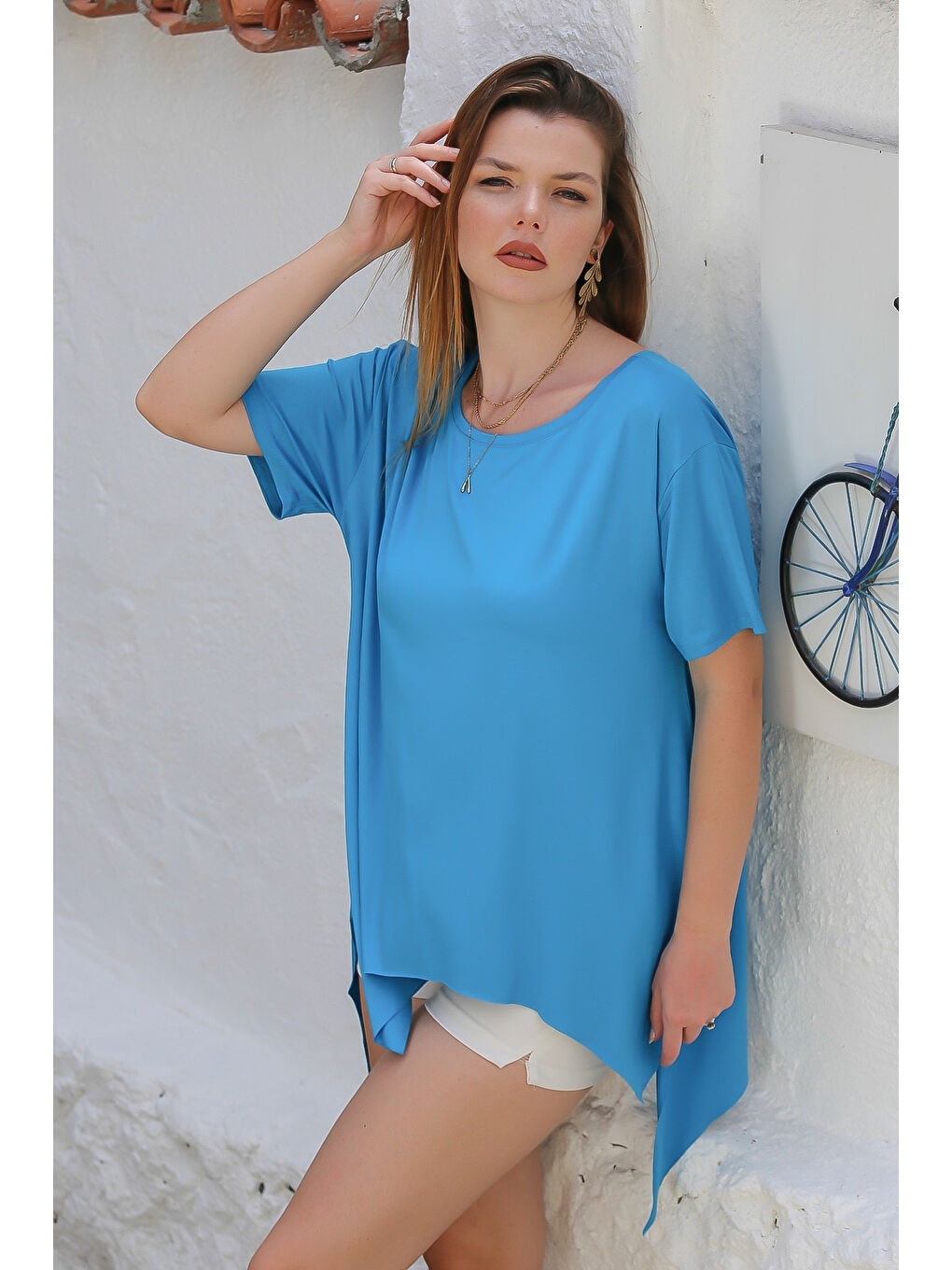 Mavi Kayık Yaka Düşük Kol Örme Oversize Casual Tişört-3