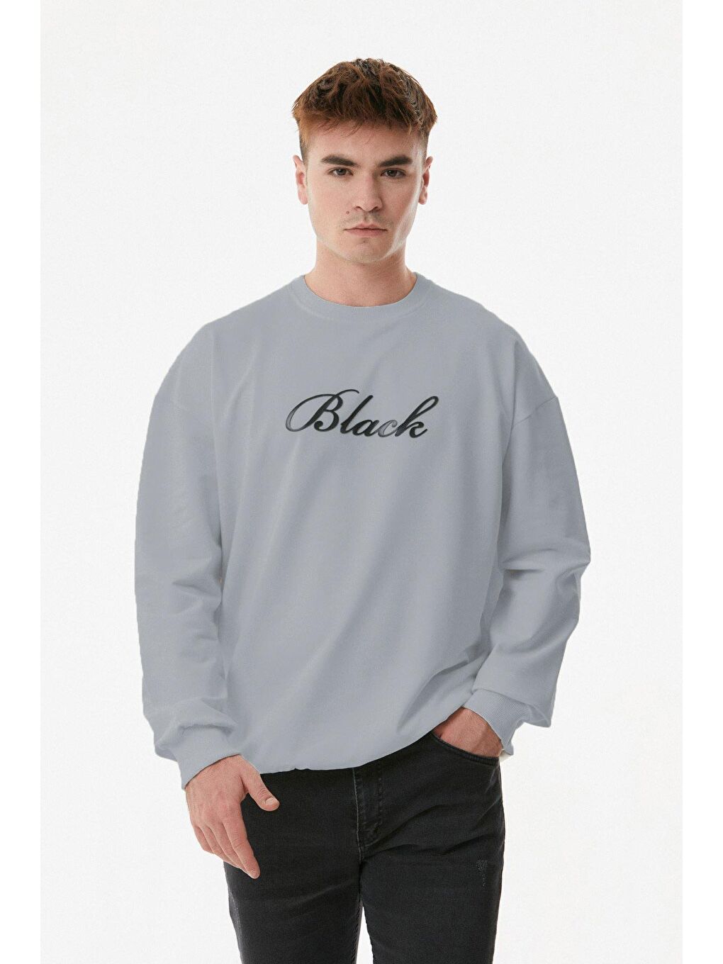 Gri Black Yazılı Bisiklet Yaka Sweatshirt