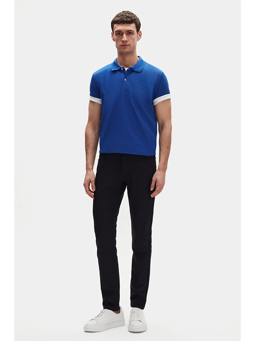Slim Fit Saks Mavi Kutulu Polo Yaka Tişört-5
