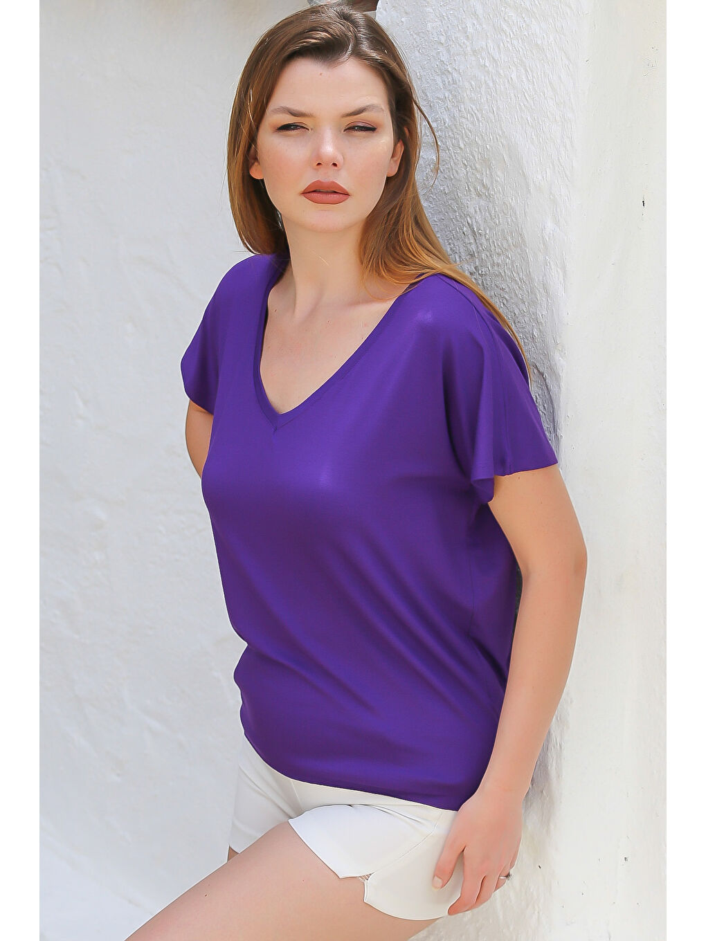 Koyu Mor V Yaka Düşük Kol Örme Basic Casual Tişört-2