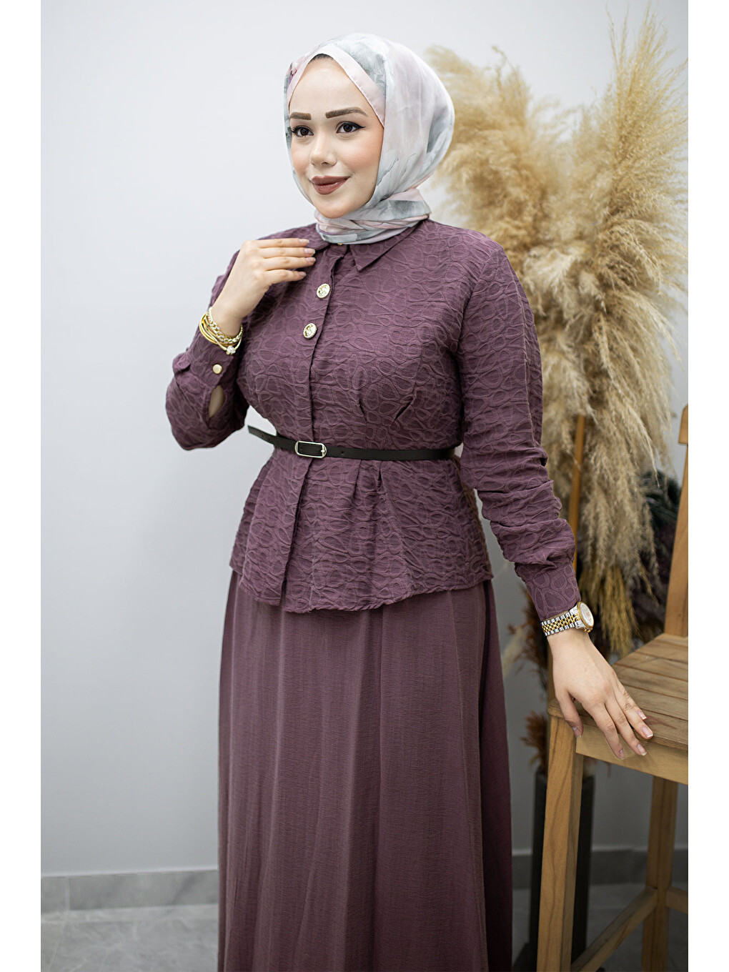 Kemerli Beli Pensli Etekli Takım Tsd260180 Mürdüm-1