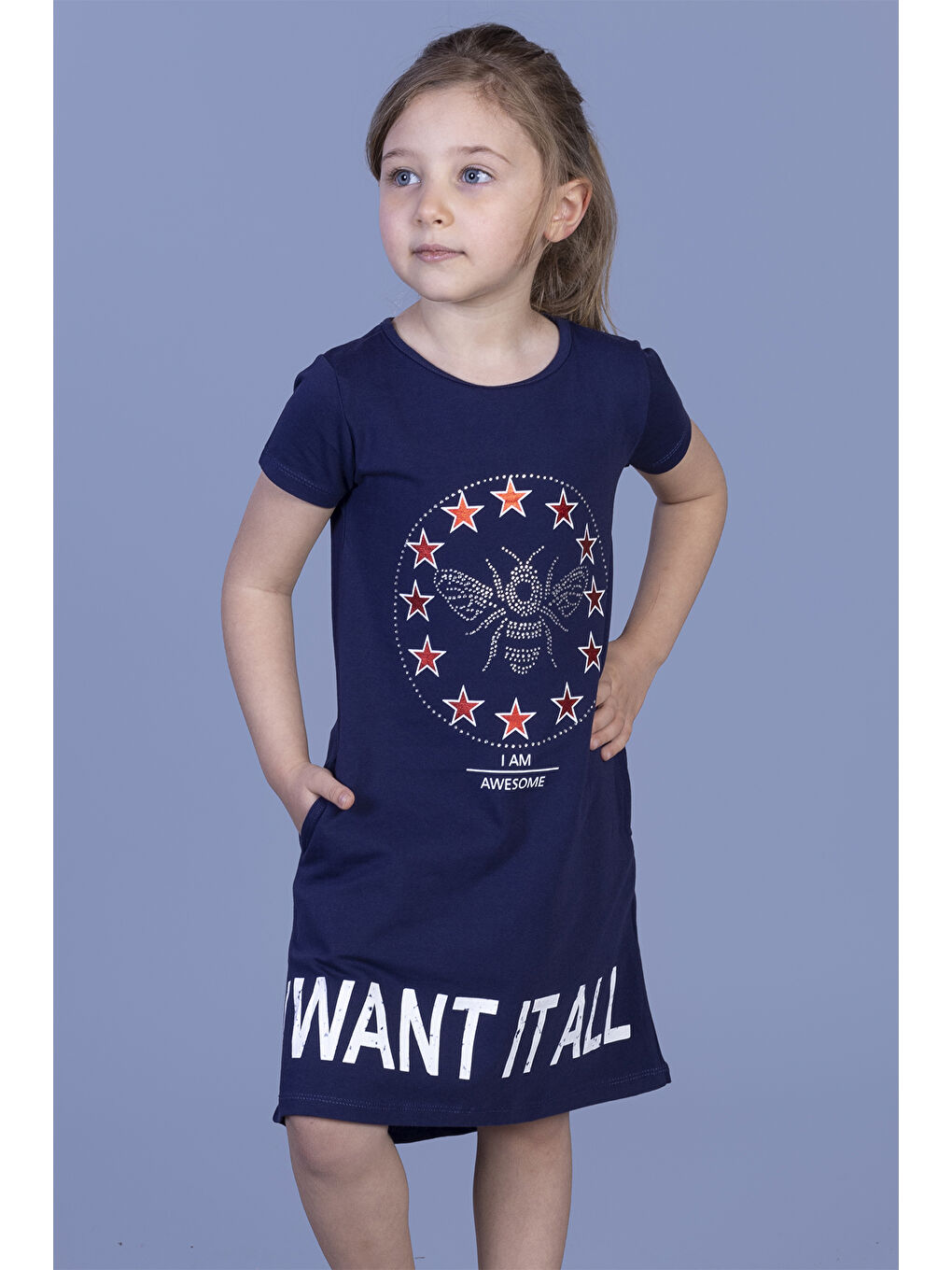 Toontoykids Lacivert Kız Çocuk  I Want It All Baskılı Elbise