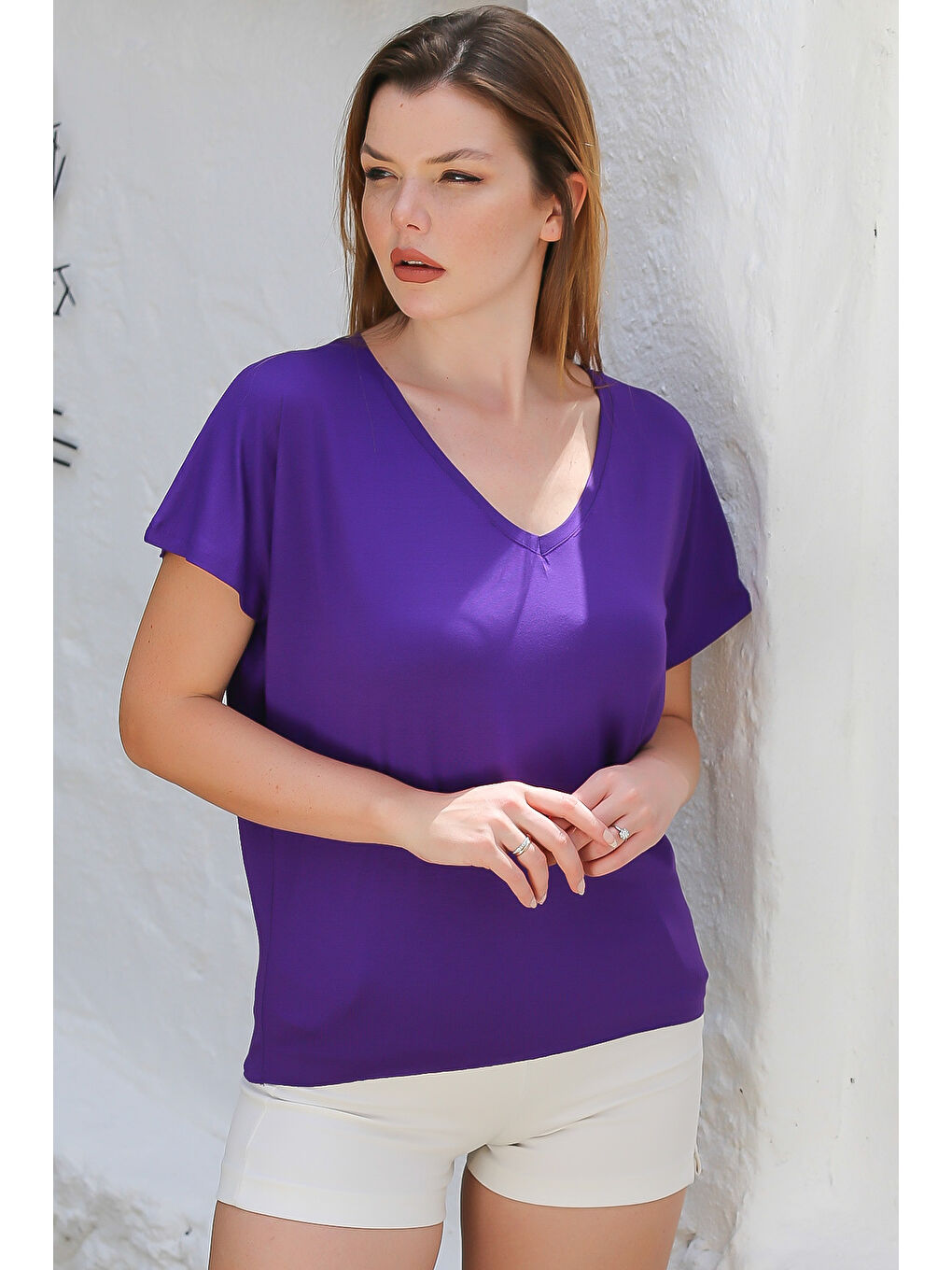 Koyu Mor V Yaka Düşük Kol Örme Basic Casual Tişört-3