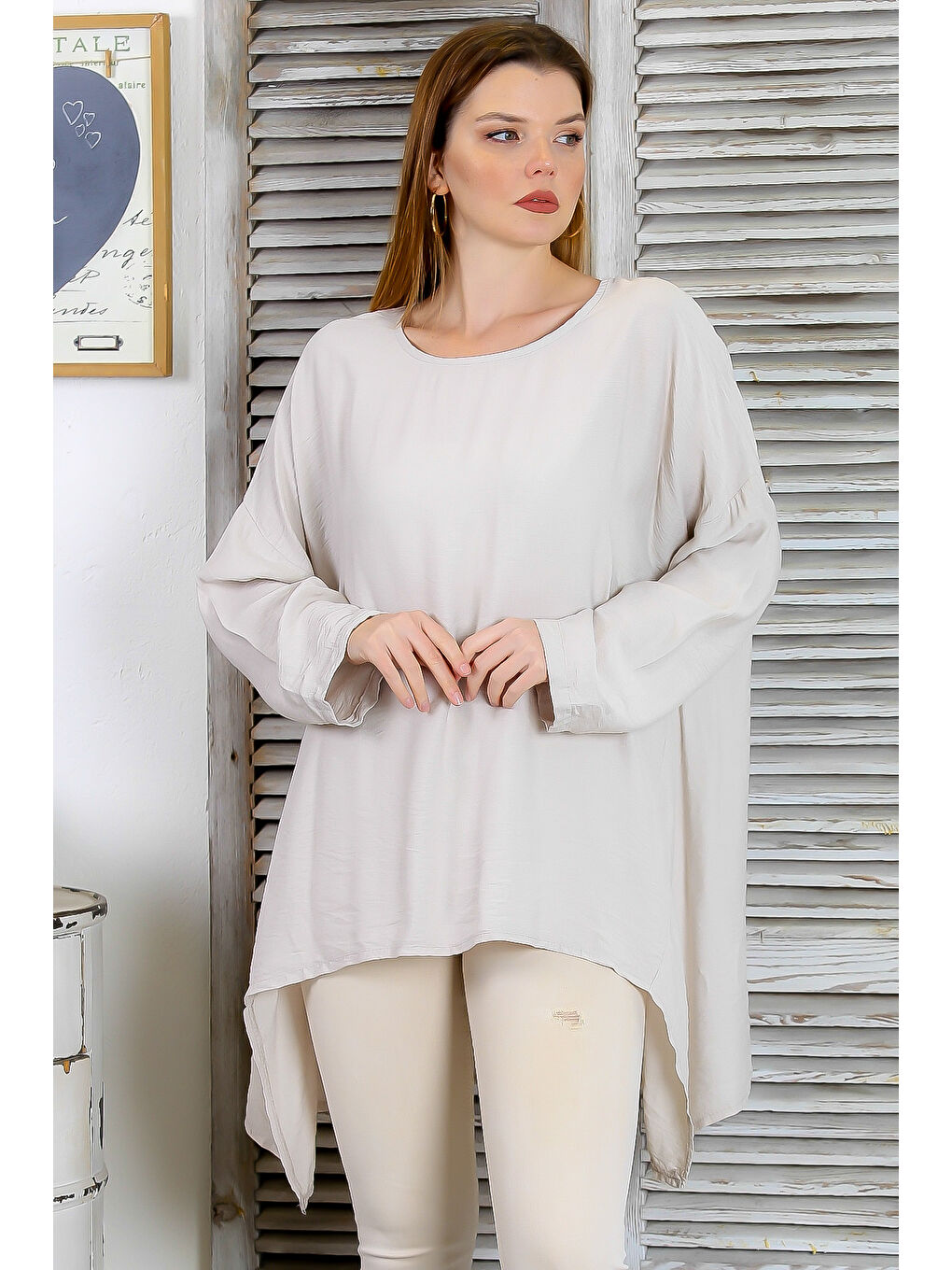 İtalyan Bej Yuvarlak Yaka Uzun Kol Casual Keten Karışımlı Asimetrik Örme Tunik-2