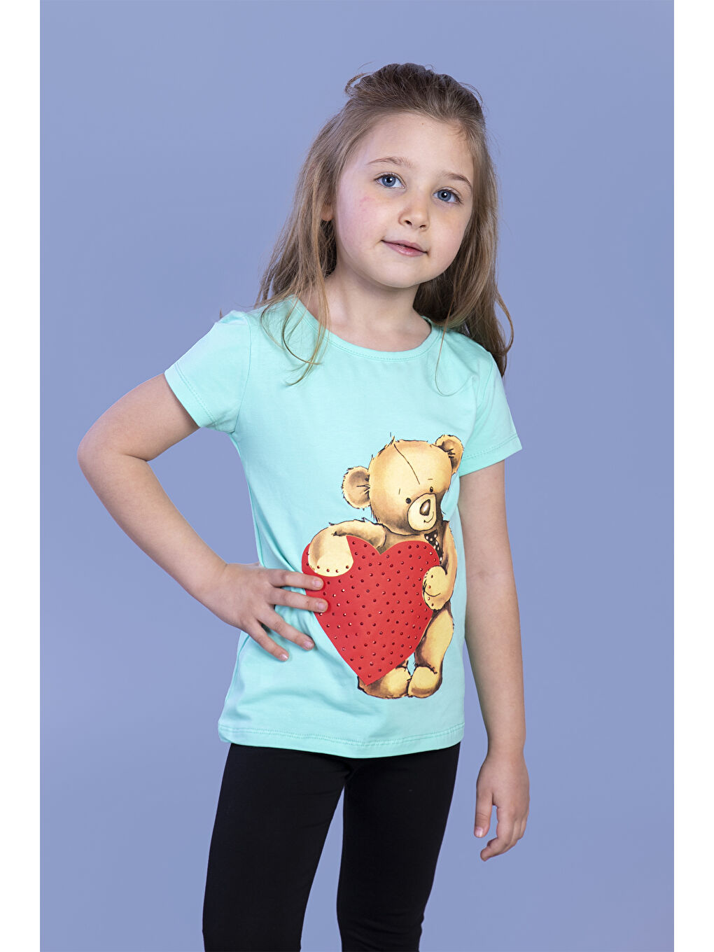 Yeşil Kız Çocuk Kalpli Ayıcık Baskılı Taş İşlemeli Tişört