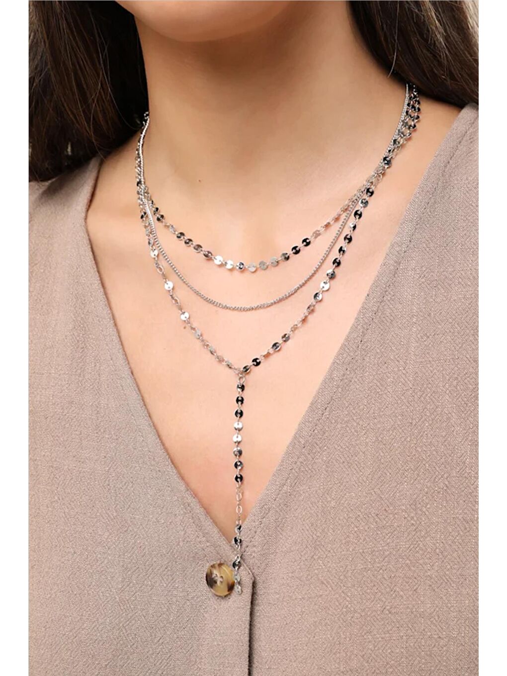 Gri Elita Gümüş Rengi Katmalı Y kolye-6