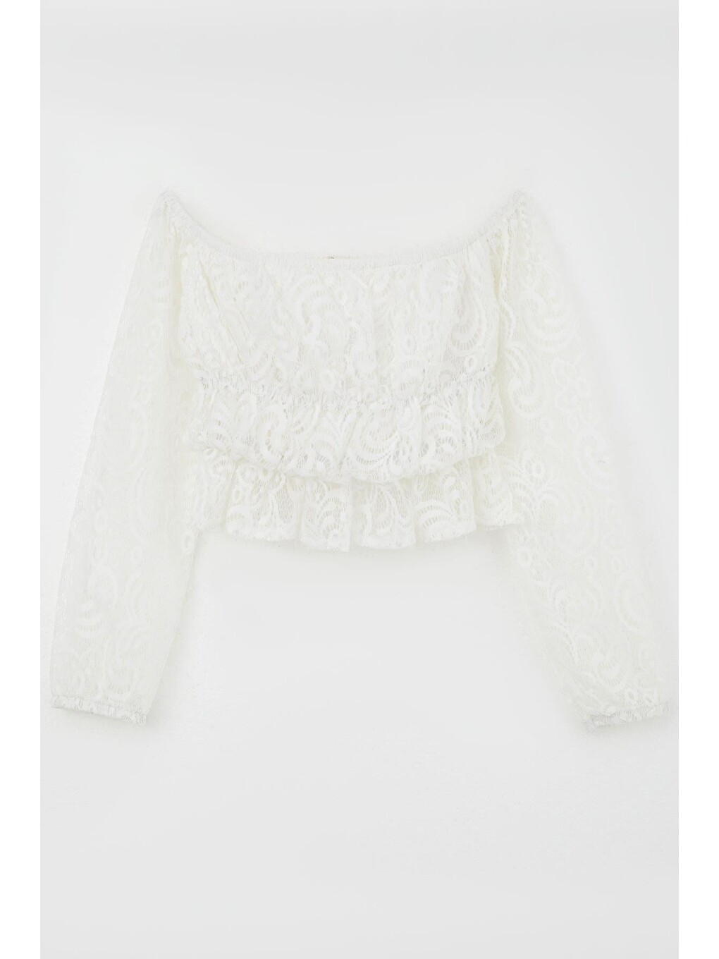 Kız Çocuk Uzun Kollu Dantelli Crop Bluz Çiçek Desenli Beyaz (10-14 Yaş)