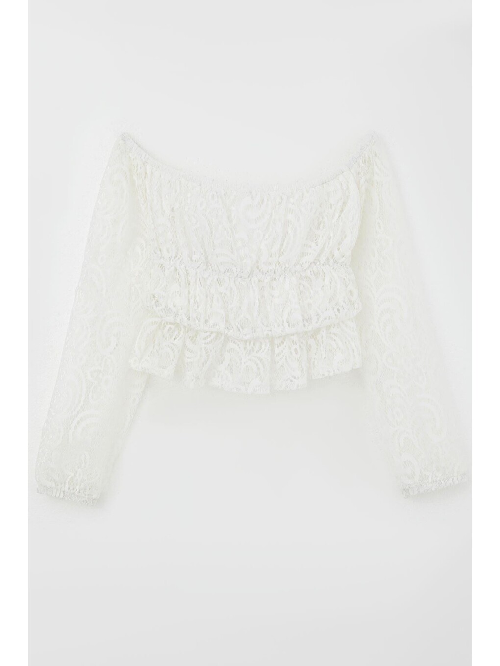 Kız Çocuk Uzun Kollu Dantelli Crop Bluz Çiçek Desenli Beyaz (10-14 Yaş)-1