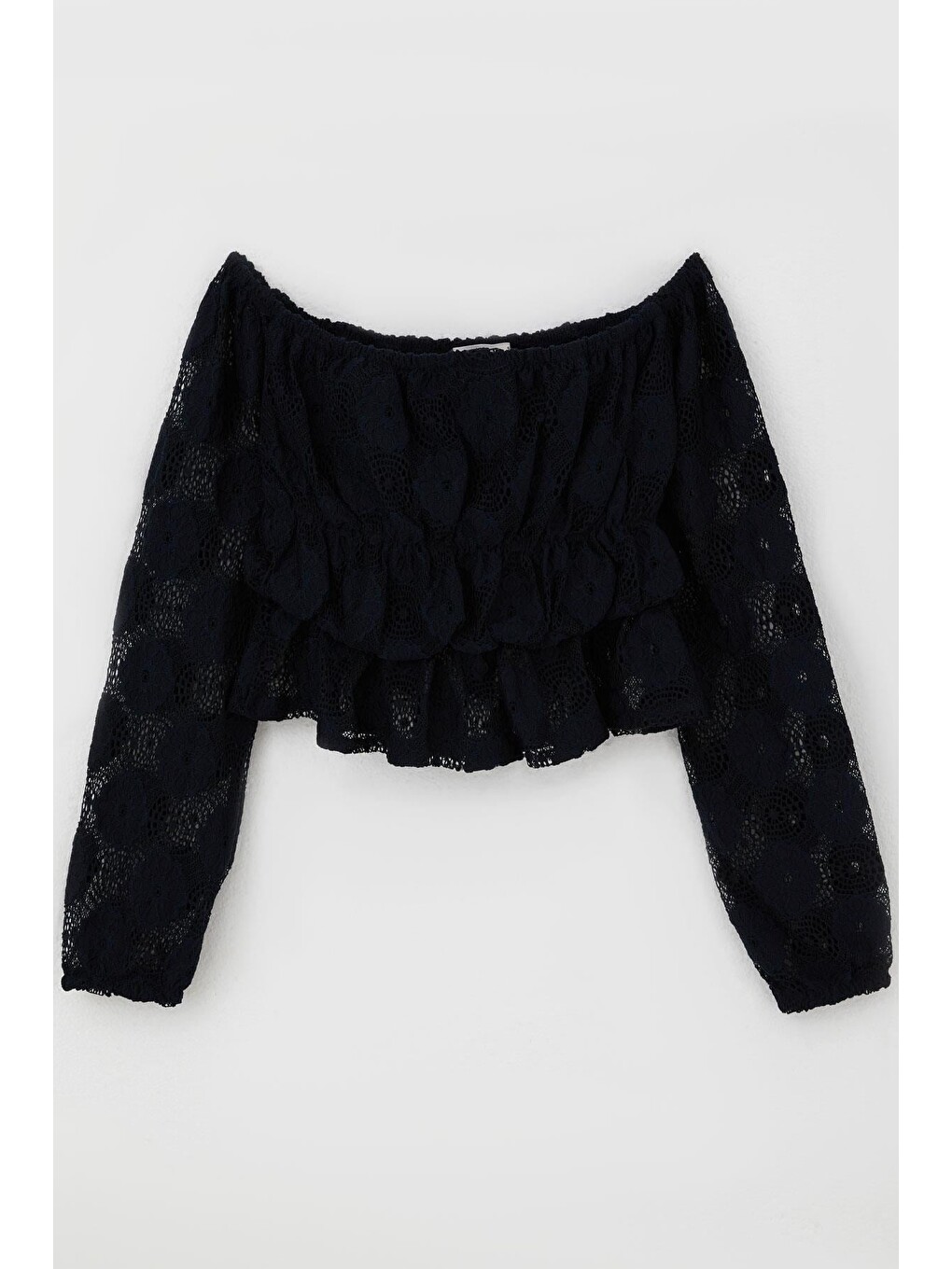 Kız Çocuk Uzun Kollu Dantelli Crop Bluz Çiçek Motifli Lacivert (9-14 Yaş)