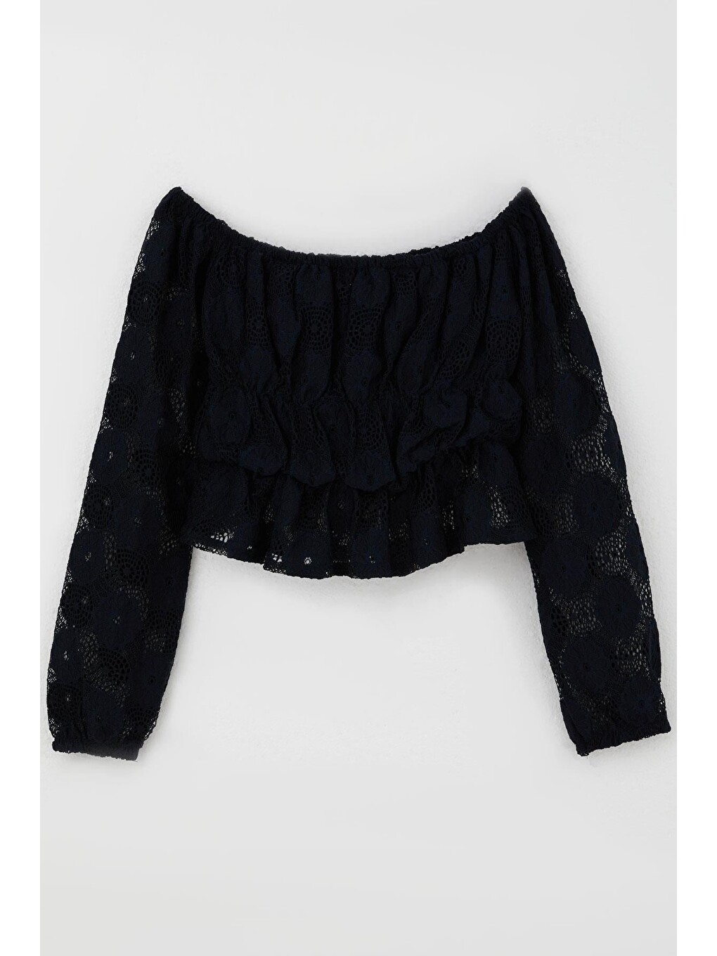 Kız Çocuk Uzun Kollu Dantelli Crop Bluz Çiçek Motifli Lacivert (9-14 Yaş)-1
