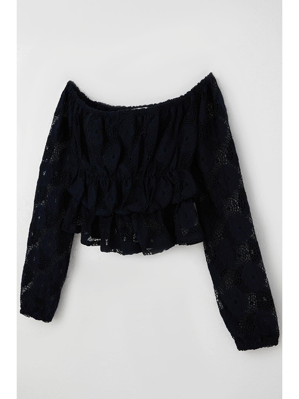 Kız Çocuk Uzun Kollu Dantelli Crop Bluz Çiçek Motifli Lacivert (9-14 Yaş)-2