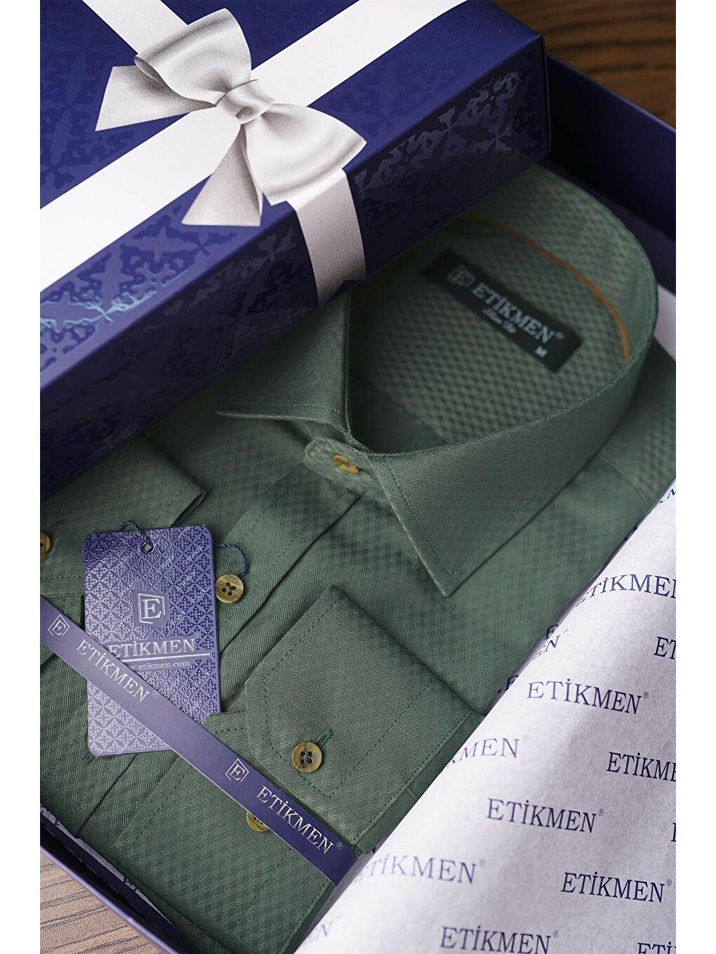 Kaktüs Yeşili Kahve Düğmeli Slimfit Hediye Kutulu Gömlek-7