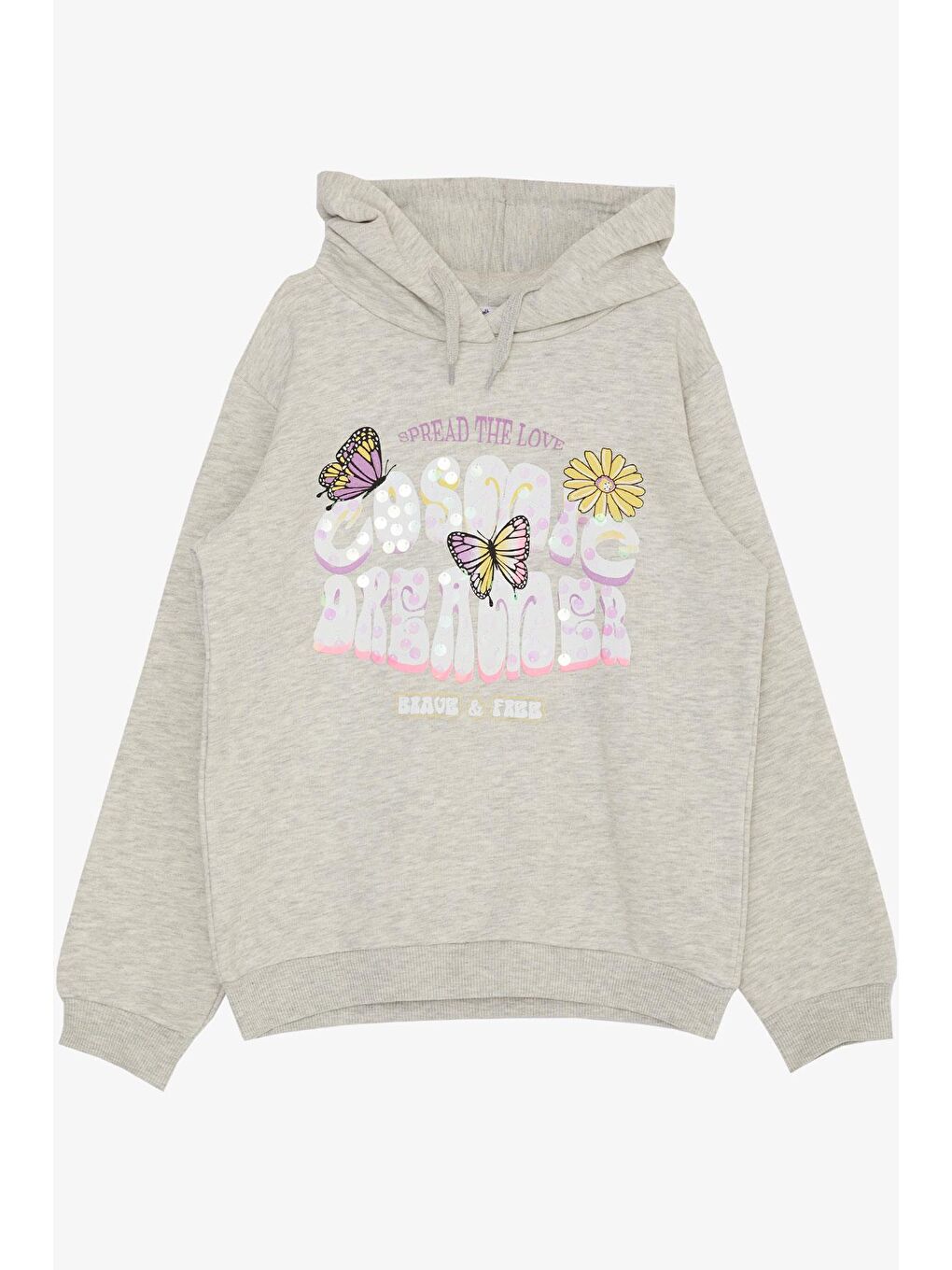 Kız Çocuk Sweatshirt Kelebek Baskılı Çiçekli Bej Melanj (7-10 Yaş)