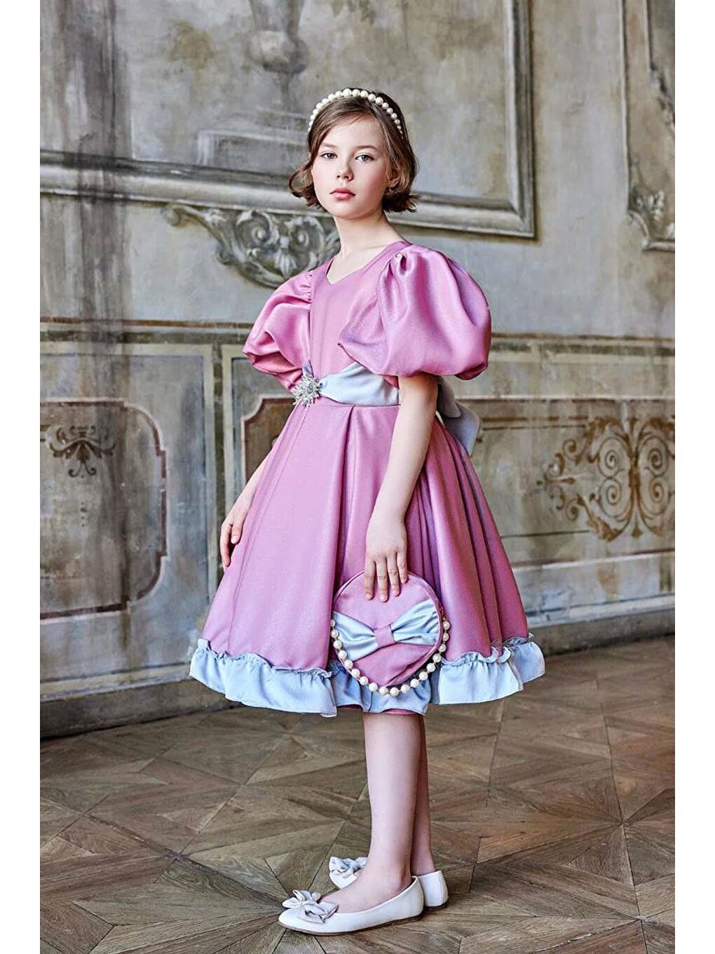 Kız Çocuk Balon Kollu Belinde Broş ve Kemer Detaylı Etek Ucu Fırfırlı Pembe Abiye-2