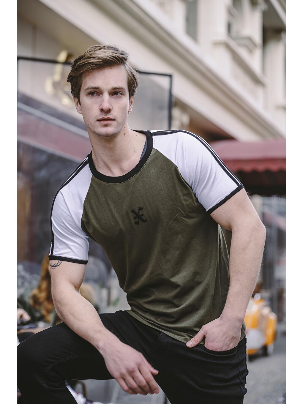 Haki Slim Fit Elastanlı Omuz Şeritli Erkek Tişört-1