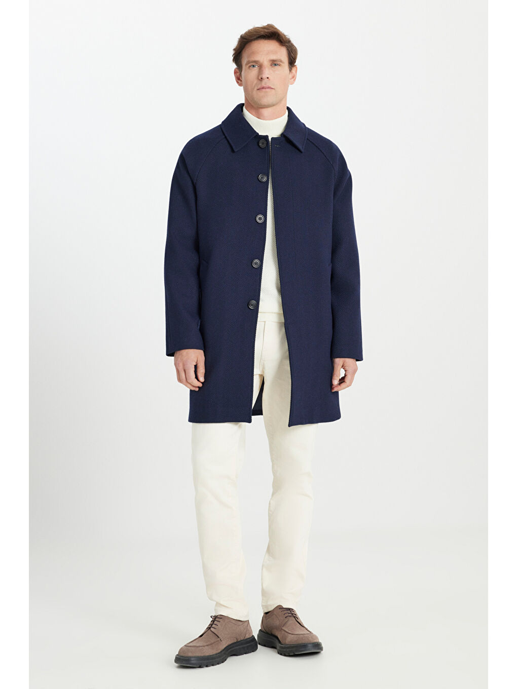 Erkek Lacivert Sıcak Tutan Standart Fit Normal Kesim Gömlek Yaka Diagonal Desenli Palto-1