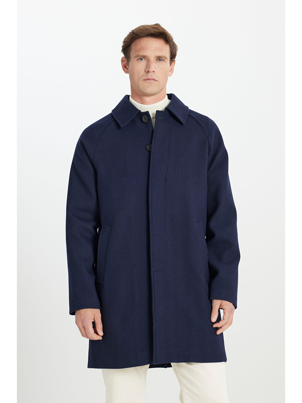 Erkek Lacivert Sıcak Tutan Standart Fit Normal Kesim Gömlek Yaka Diagonal Desenli Palto-2