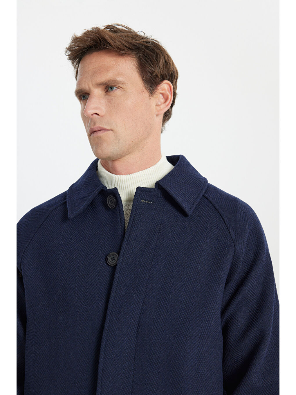 Erkek Lacivert Sıcak Tutan Standart Fit Normal Kesim Gömlek Yaka Diagonal Desenli Palto-3