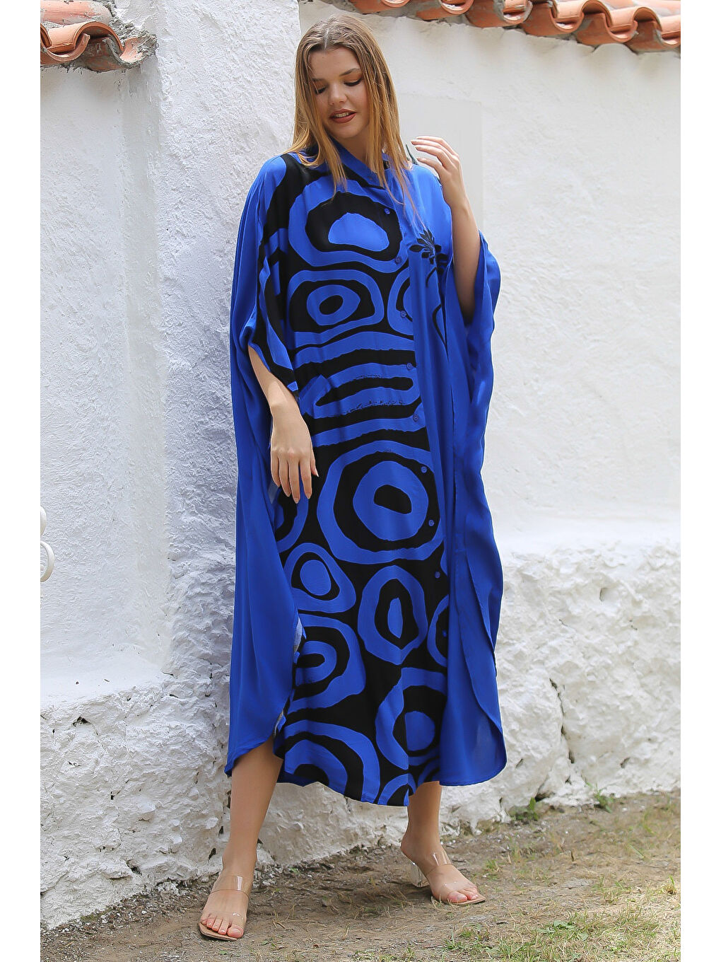 Siyah-Mavi Hakim Yaka Yarasa Kol Düğmeli Fleto Cep Baskılı Dokuma Oversize Casual Elbise-2