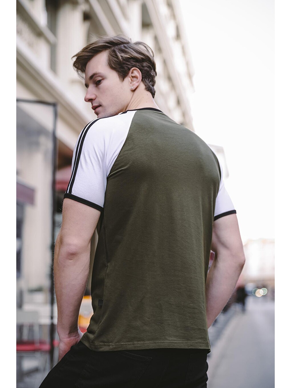 Haki Slim Fit Elastanlı Omuz Şeritli Erkek Tişört-2