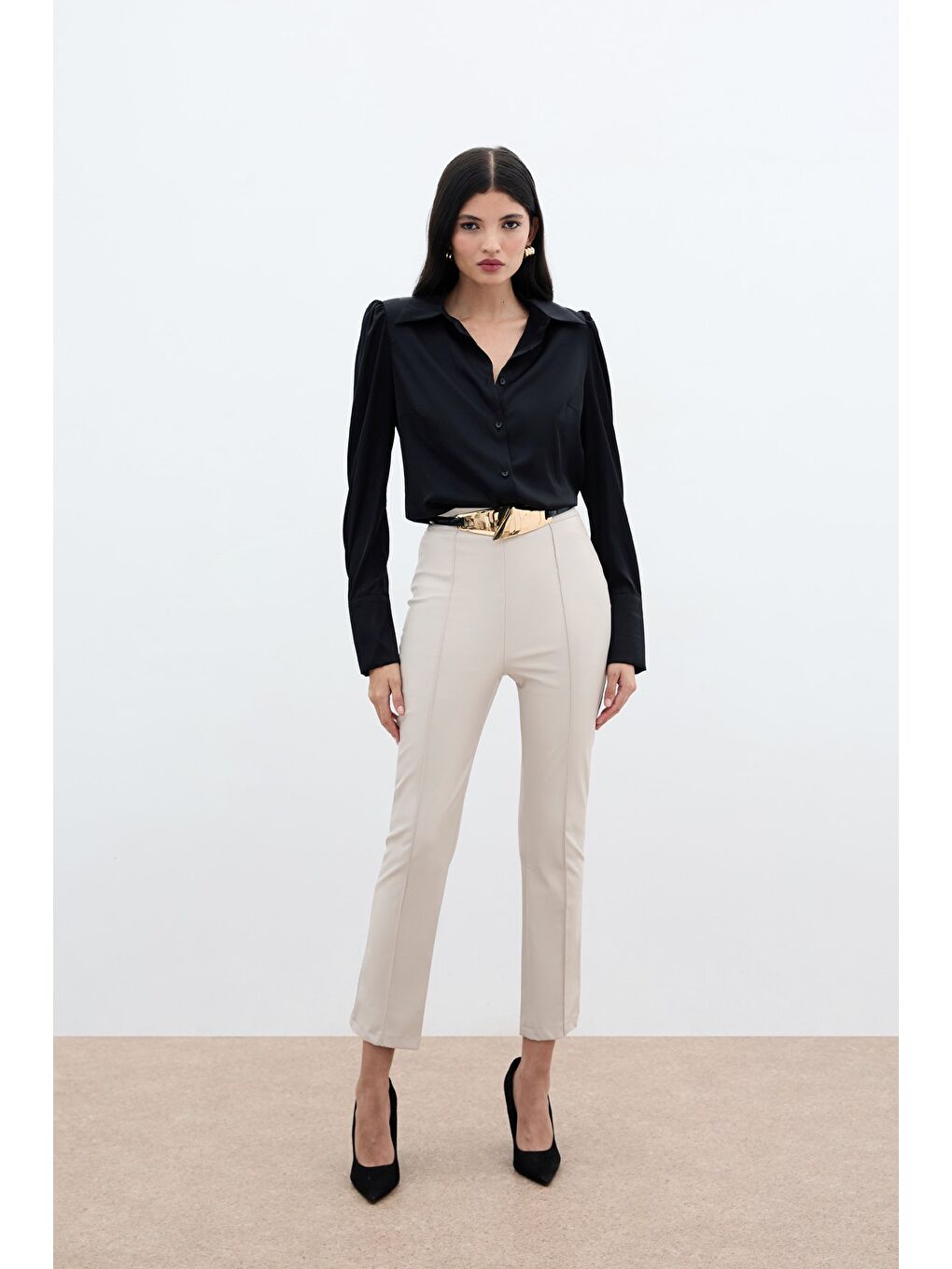 Bej Yüksek Bel Deri Pantolon - Taş-1