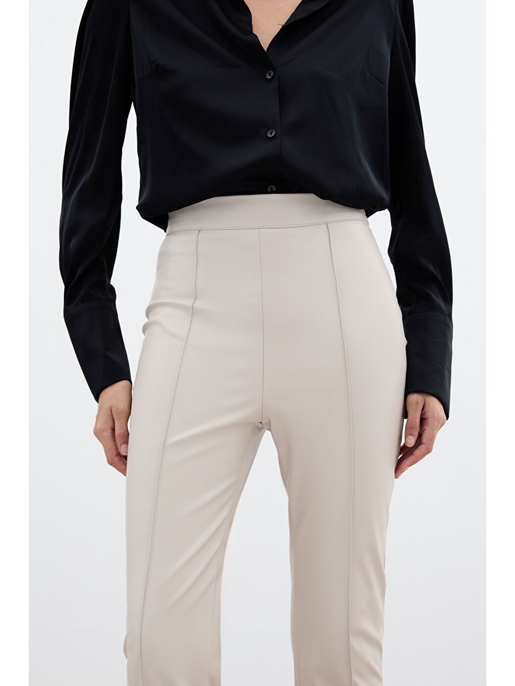 Bej Yüksek Bel Deri Pantolon - Taş-4