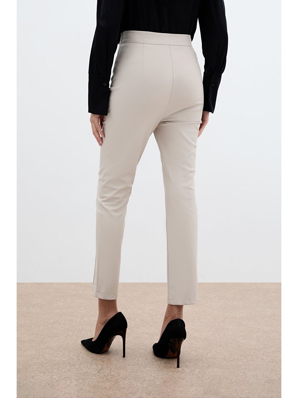 Bej Yüksek Bel Deri Pantolon - Taş-6
