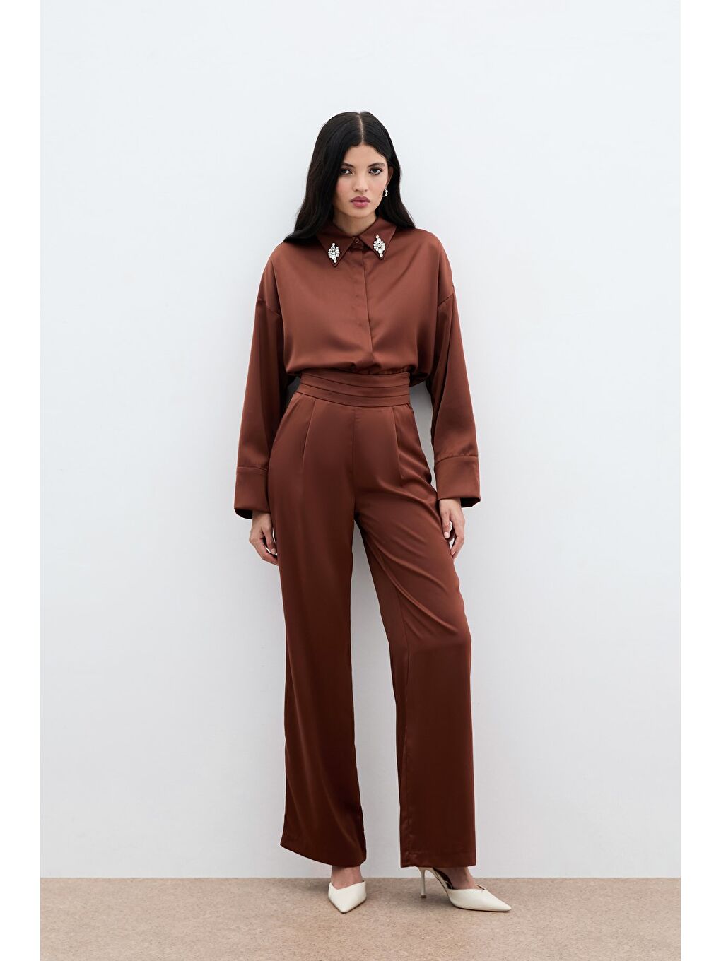 Kahverengi Cepli Salaş Saten Pantolon - Kahve