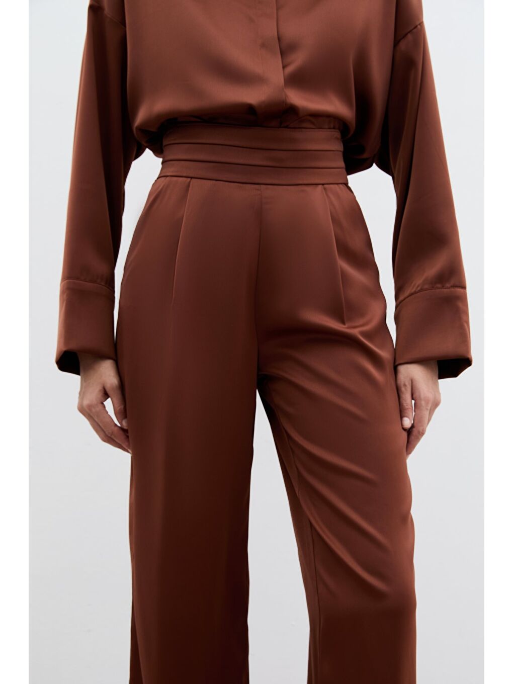 Kahverengi Cepli Salaş Saten Pantolon - Kahve-3