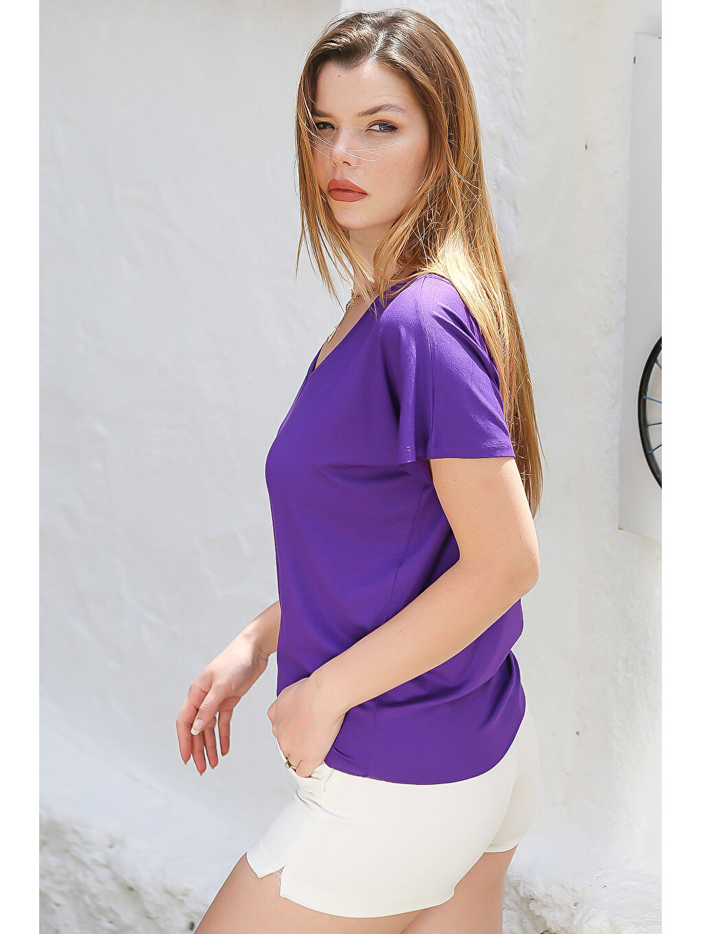 Koyu Mor V Yaka Düşük Kol Örme Basic Casual Tişört-6