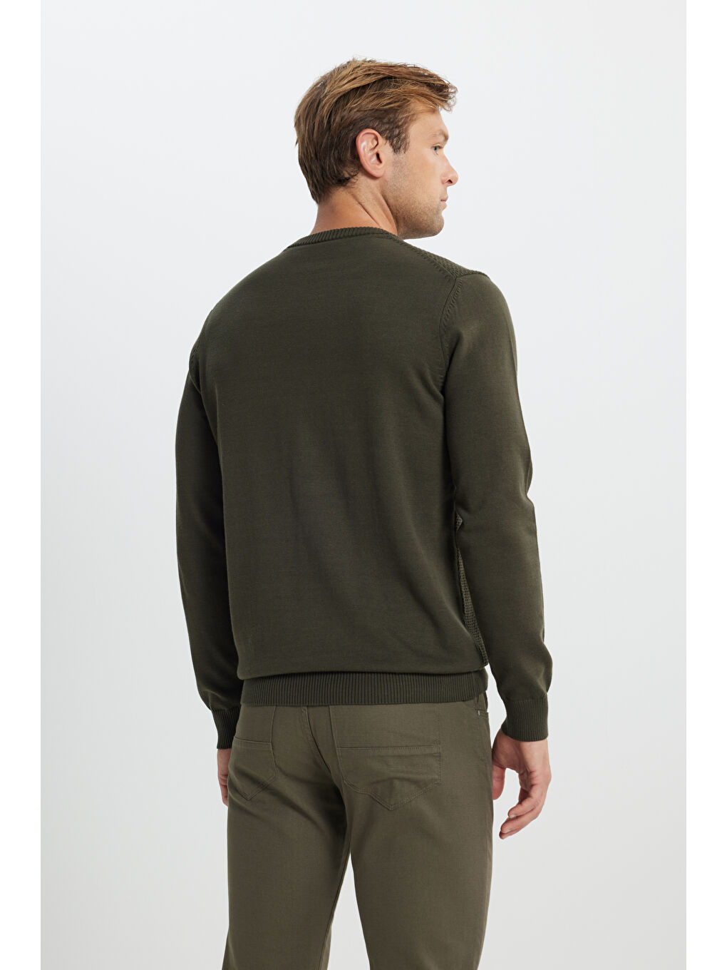 Erkek Haki Pamuklu Standart Fit Normal Kesim Bisiklet Yaka Jakarlı Triko Kazak-4