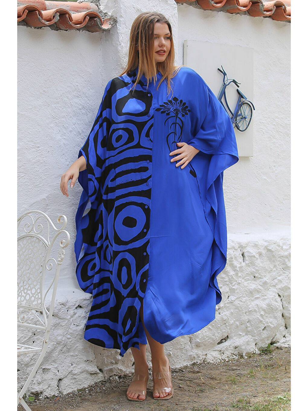 Siyah-Mavi Hakim Yaka Yarasa Kol Düğmeli Fleto Cep Baskılı Dokuma Oversize Casual Elbise-3