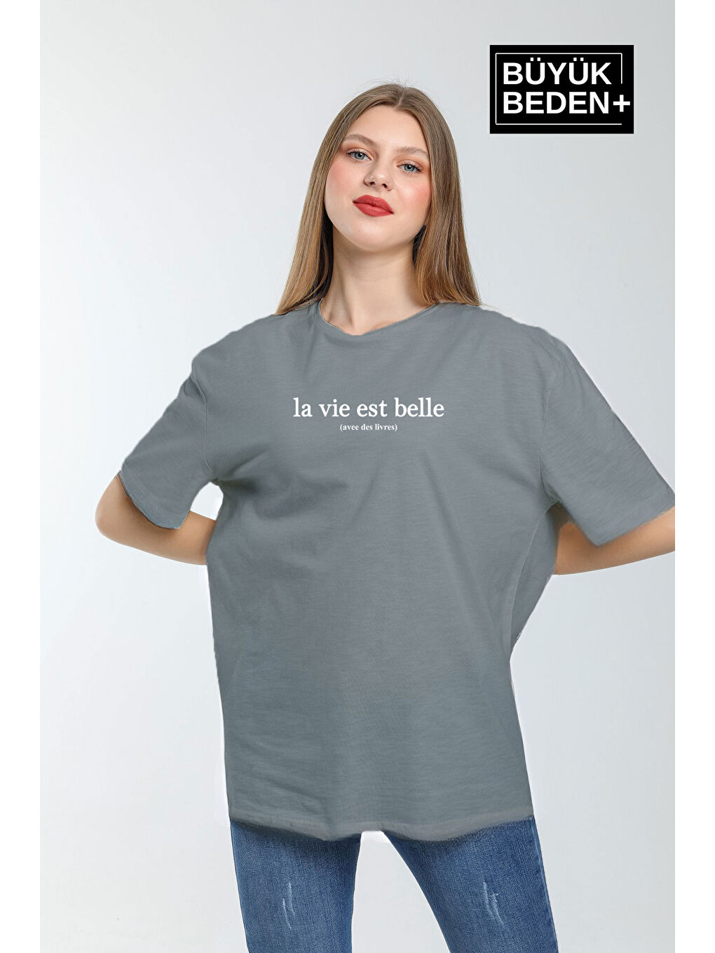 Gri Kadın Büyük Beden L.v. Est Belle Baskılı Bisiklet Yaka Tshırt SPR25BTK910